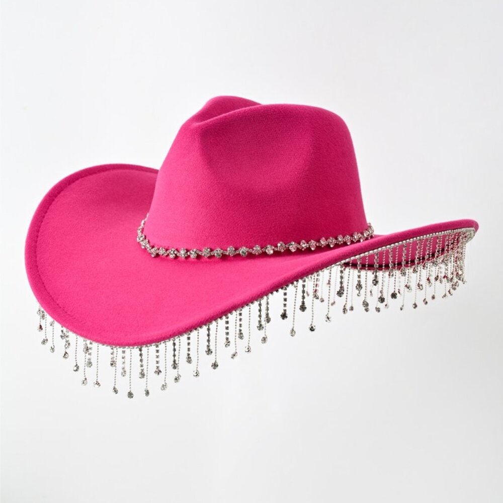 Fuchsia Hot Pink Western Cowboy Bling Bling Hat Felt Rhinestone Dangling Edge